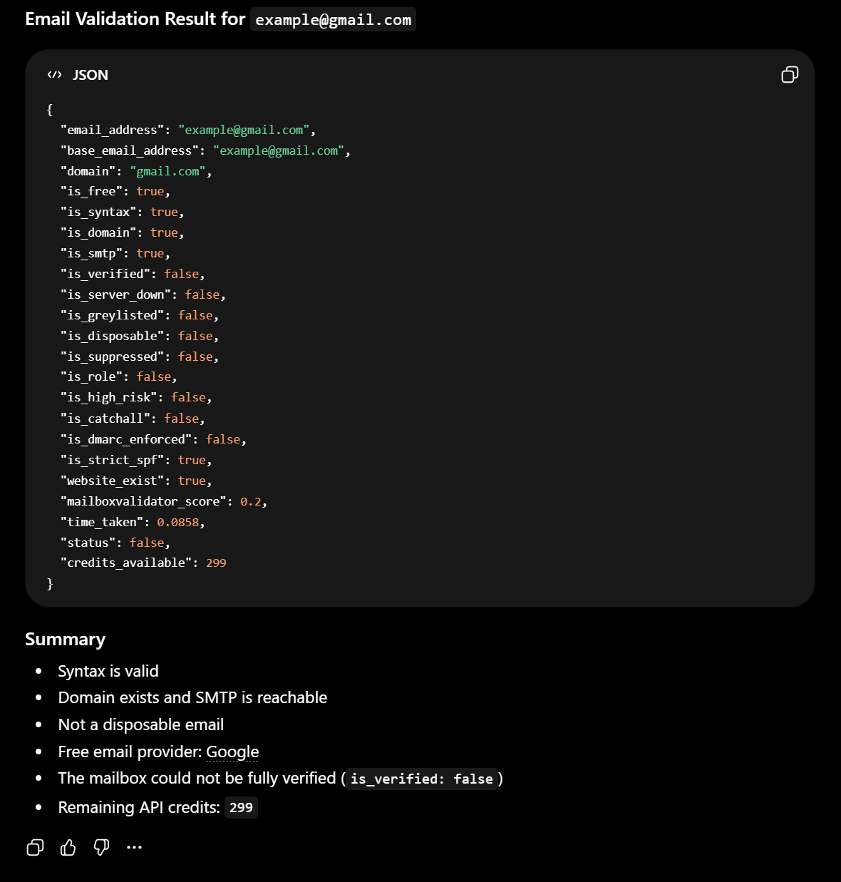Email Validation Result in MailboxValidator ChatGPT