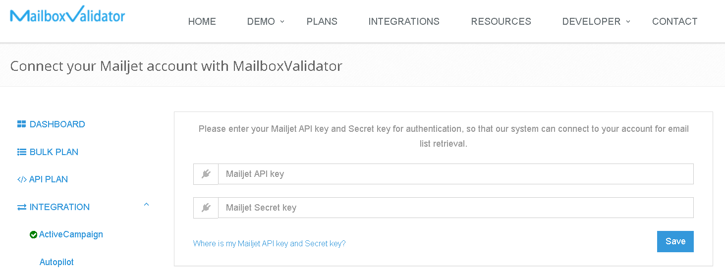 Insert your Mailjet API and secret key