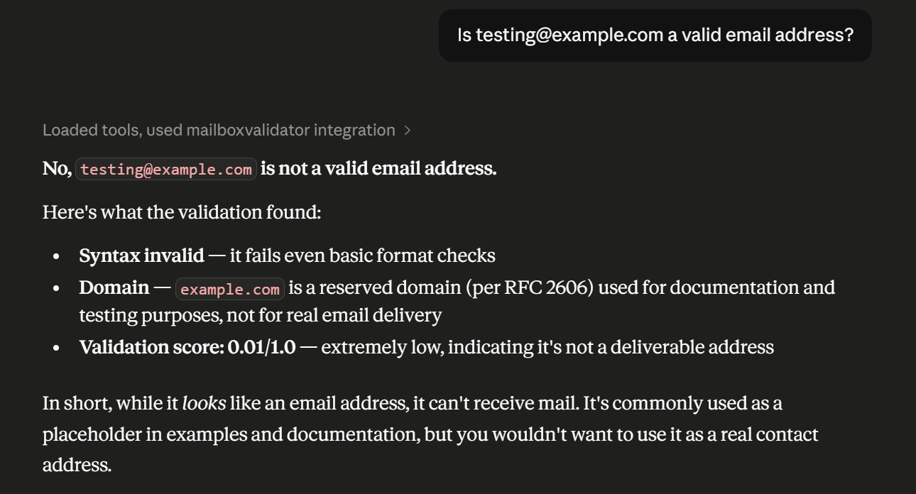 MailboxValidator MCP Server Email Verification Result
