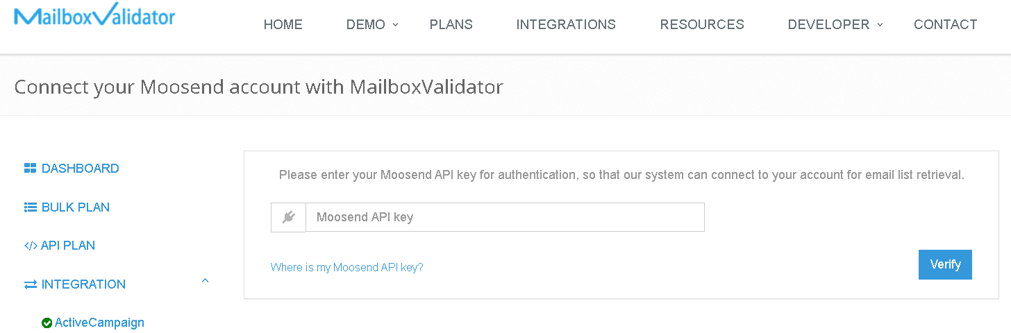 Enter your Moosend API key